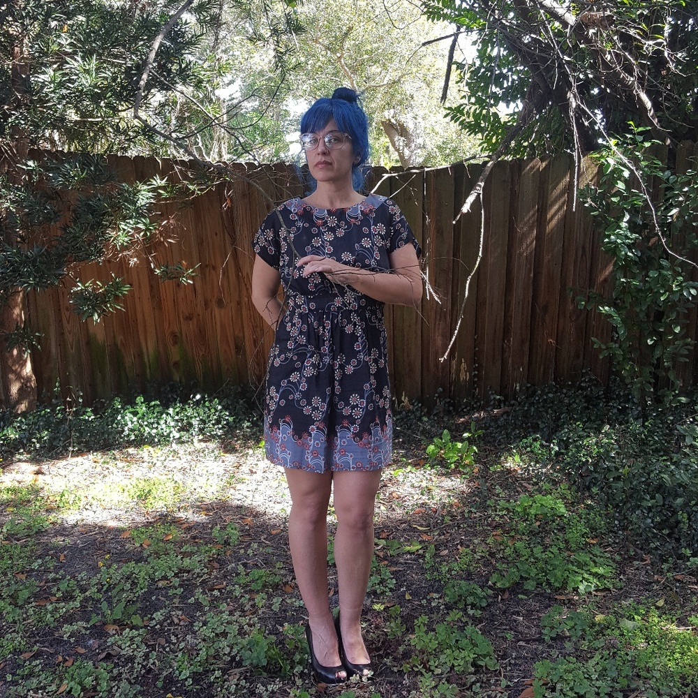 Floral Navy Blue Fit & Flare Short Sleeve Dress